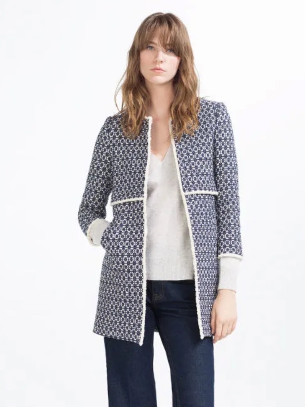 Zara Navy and White Patterned Long Jacket